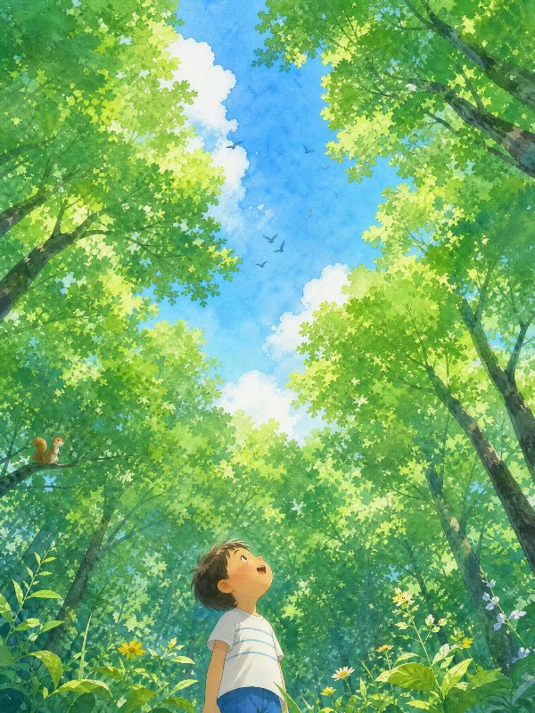 儿童图画书插图，夏天，仰望天空，郁郁葱葱的森林，生机勃勃，绿意盎然，水彩风插画，...