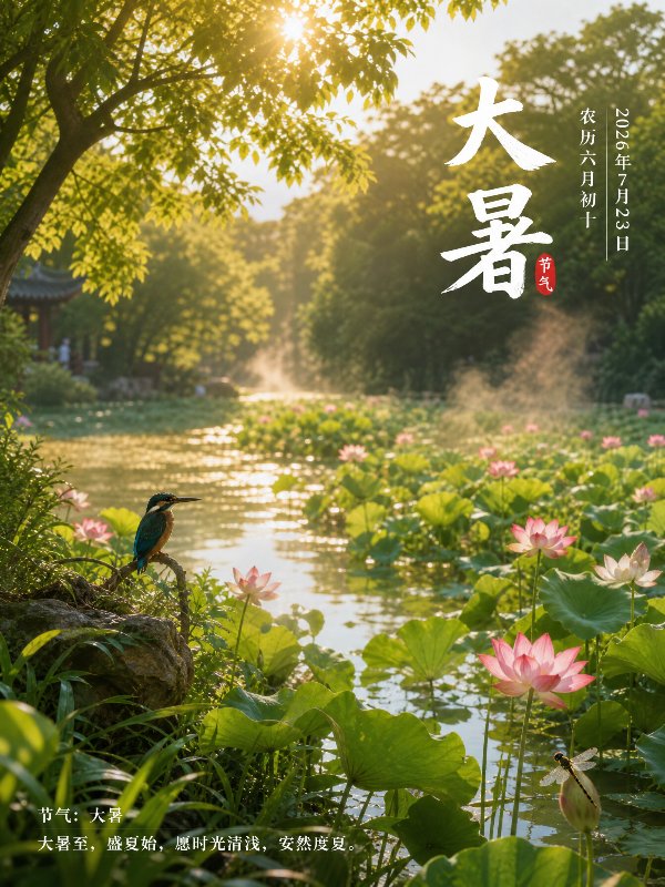 2026年7月23日，农历六月初十，节气：大暑。
写实自然风光，大暑盛夏正午，荷...