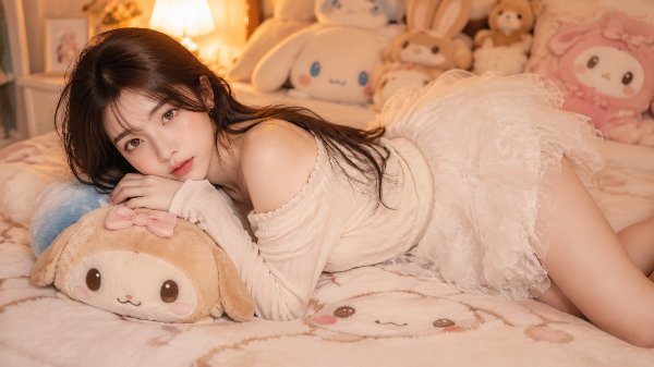 一位长发女子身穿露肩上衣和蓬松短裙，趴在柔软的可爱卡通毛绒毯床上，姿态轻松，营造...