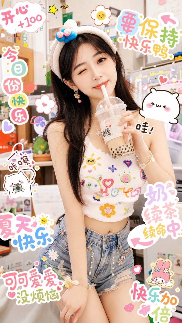 竖屏壁纸，一个现实生活中的长发女孩，穿着白色夏天短款上衣和牛仔短裤，上衣有各种图...