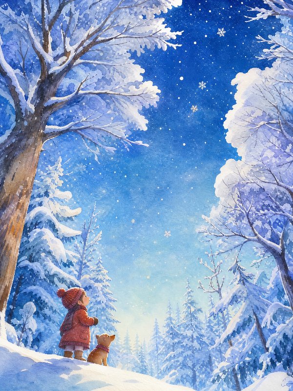 儿童图画书插图，冬天，仰望天空，被雪覆盖的森林，水彩风插画，大师级构图
