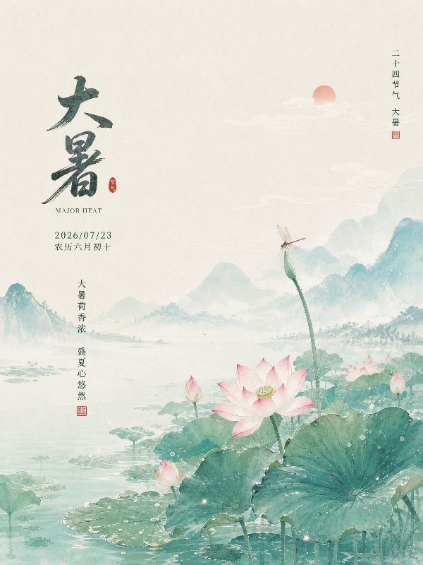 2026年7月23日，农历六月初十
国风插画，二十四节气大暑，盛夏荷塘，碧绿荷叶...