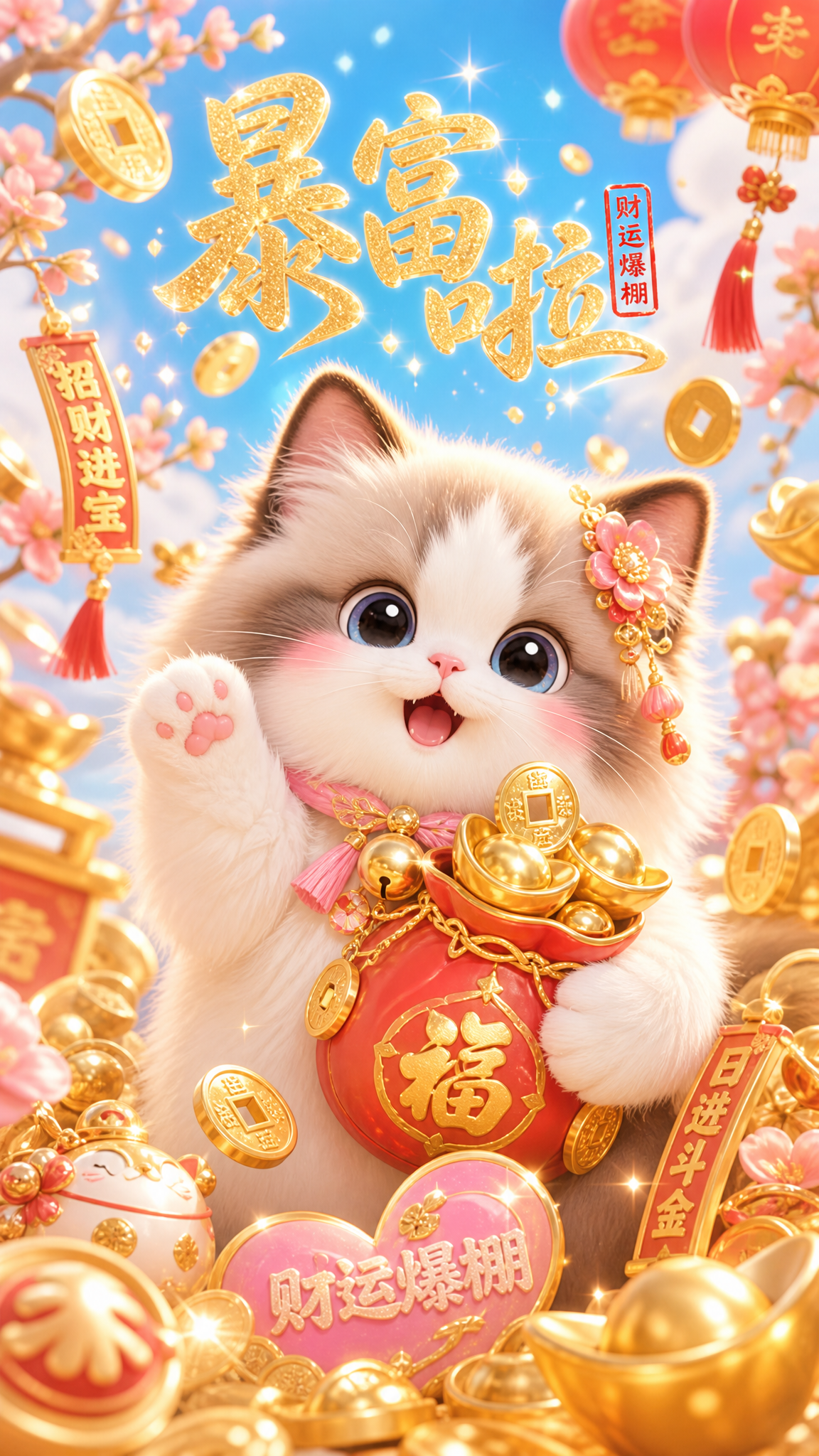 帮我生成一张发财暴富，背景是可爱布偶猫的手机壁纸，高清，有趣